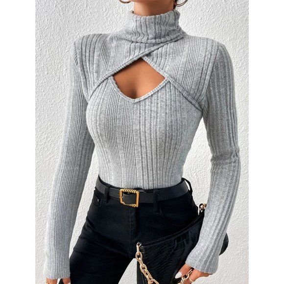 SHEIN Tops - SHEIN Cut-Out Mock Neck Ribbed Top S